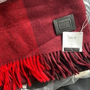 COACH Wool Red & Black Plaid Scarf with Fringe